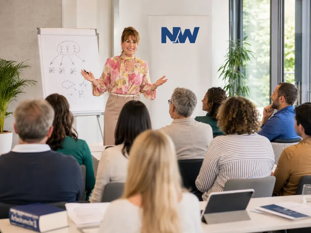 Referentin erklärt am Flipchart vor einer Gruppe in einer Betriebsratsschulung